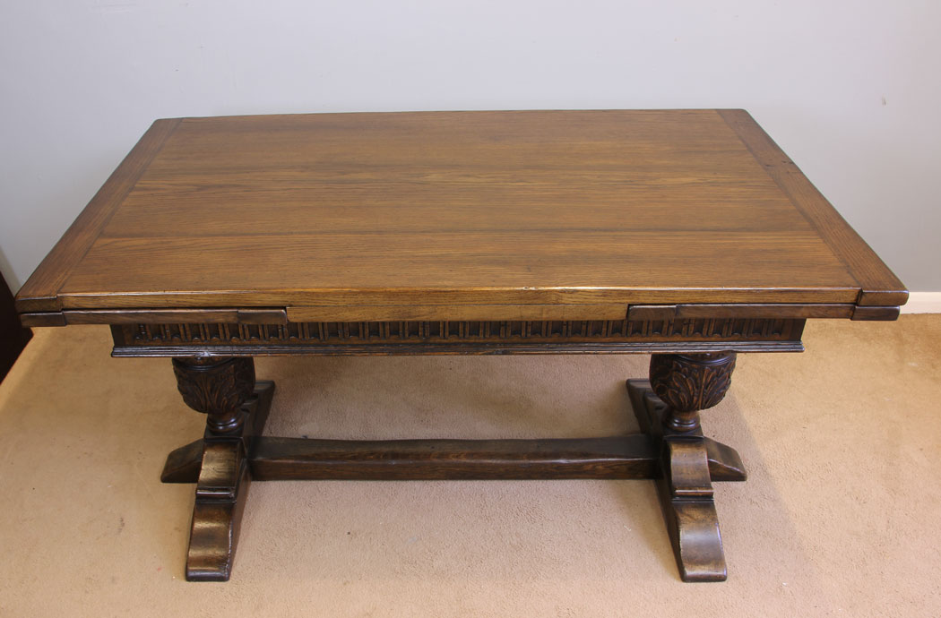 11973r14 Antique Oak Drawleaf Farmhouse Extending Refectory Dining Table,