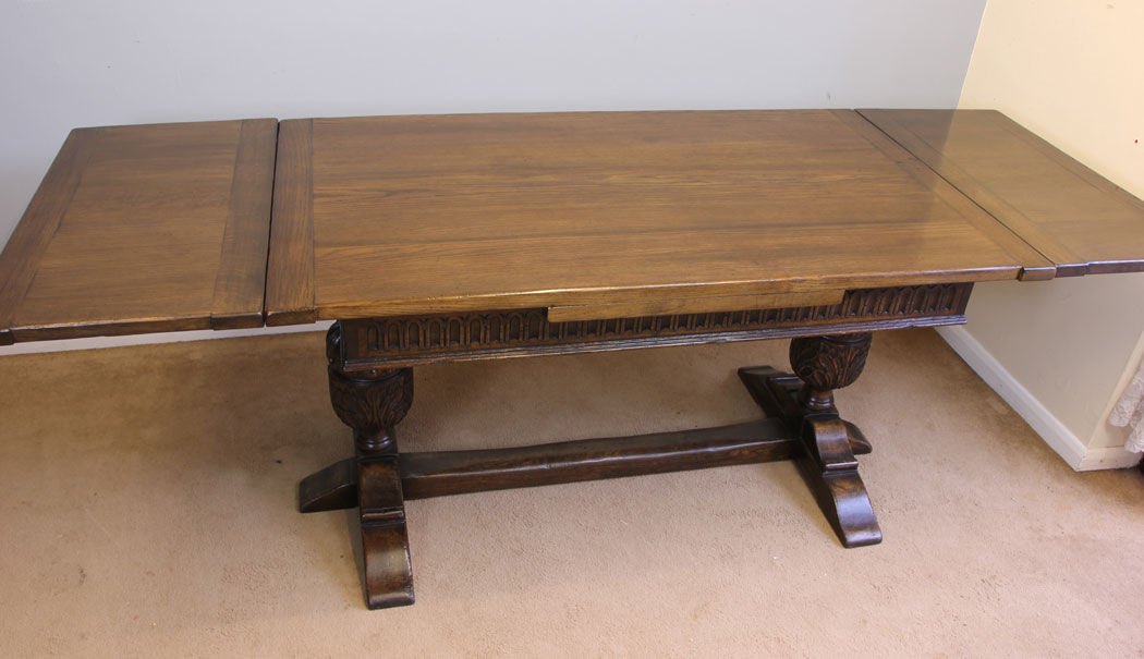 11973r3 Antique Oak Drawleaf Farmhouse Extending Refectory Dining Table,