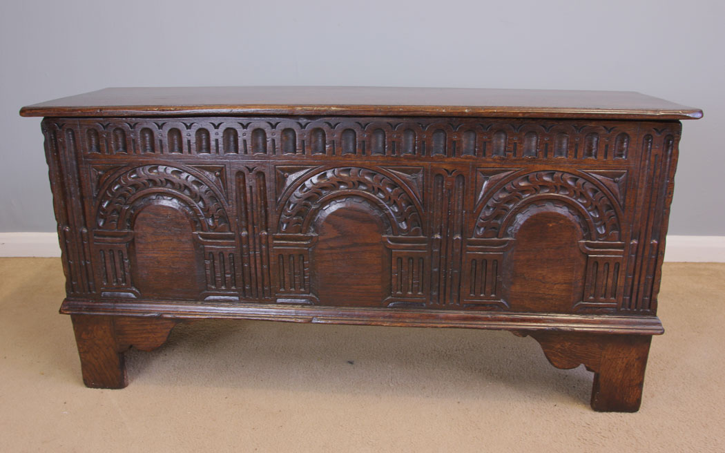 11975r1 Antique Small Carved Oak Coffer Chest,
