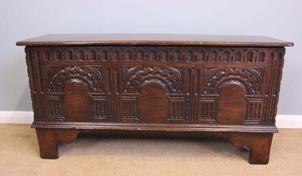 11975r10 Antique Small Carved Oak Coffer Chest,