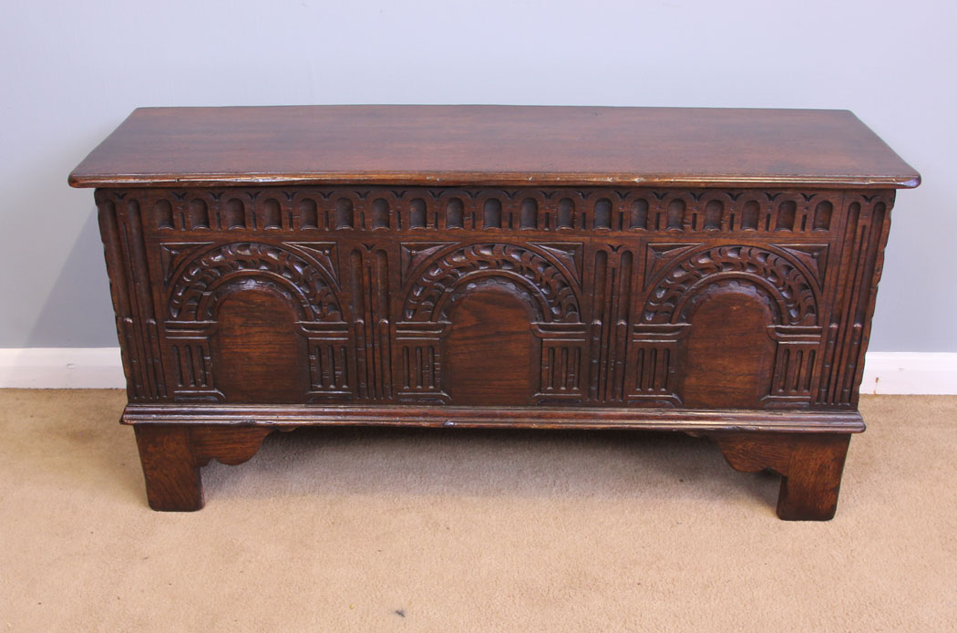 11975r2 Antique Small Carved Oak Coffer Chest,