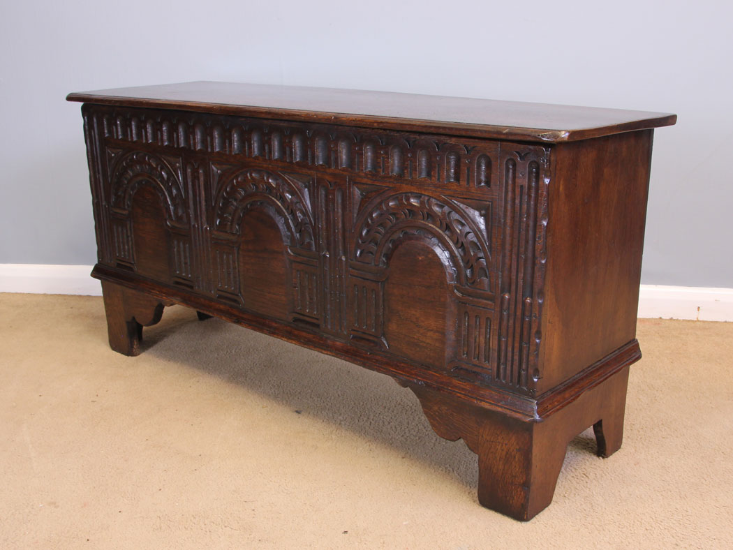 11975r3 Antique Small Carved Oak Coffer Chest,