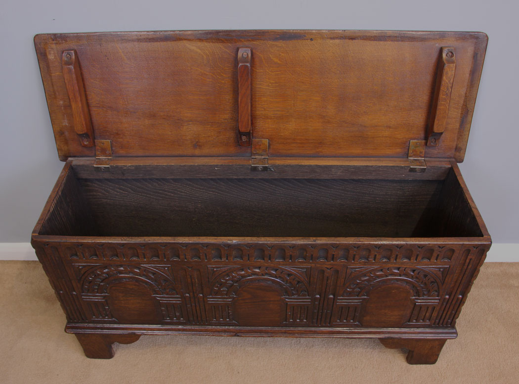 11975r7 Antique Small Carved Oak Coffer Chest,