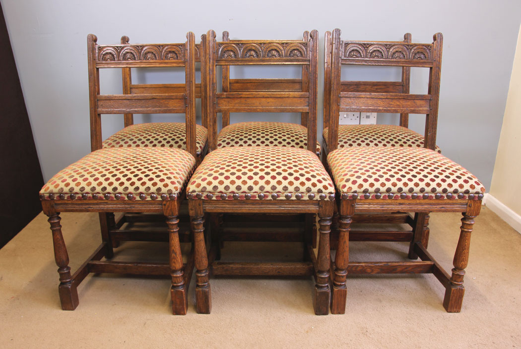 11979r2 Set Six Antique Oak Country Dining Chairs,