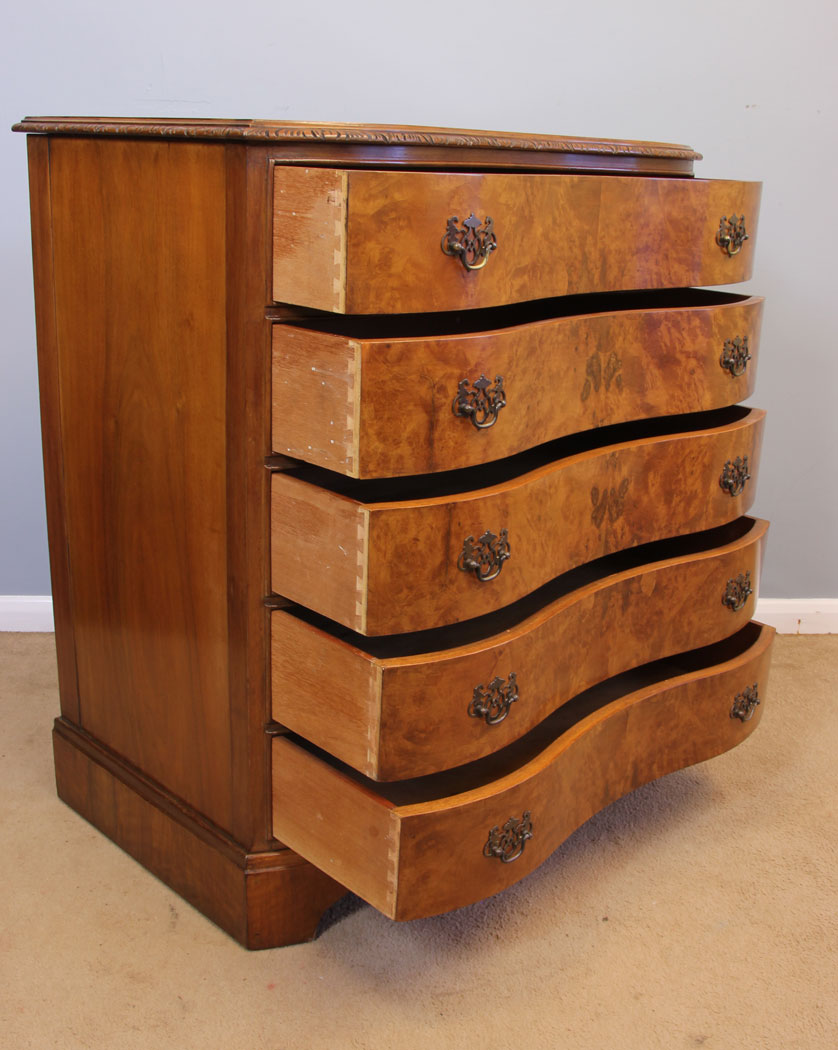 11985r12 Antique Burr Walnut Serpentine Chest of Drawers,