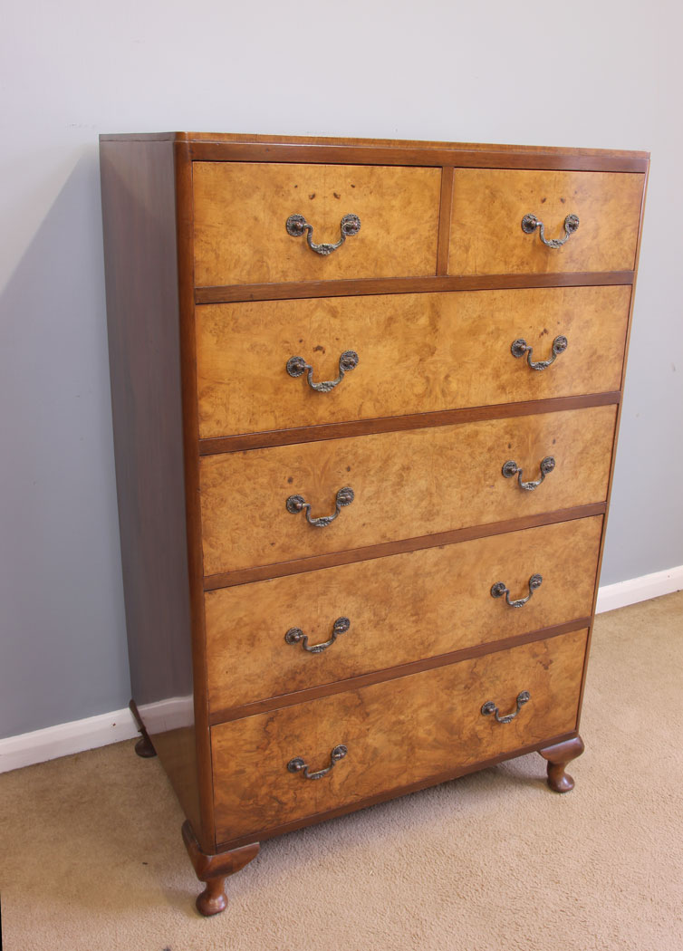12015r9 Antique Burr Walnut Tall Chest of Drawers,