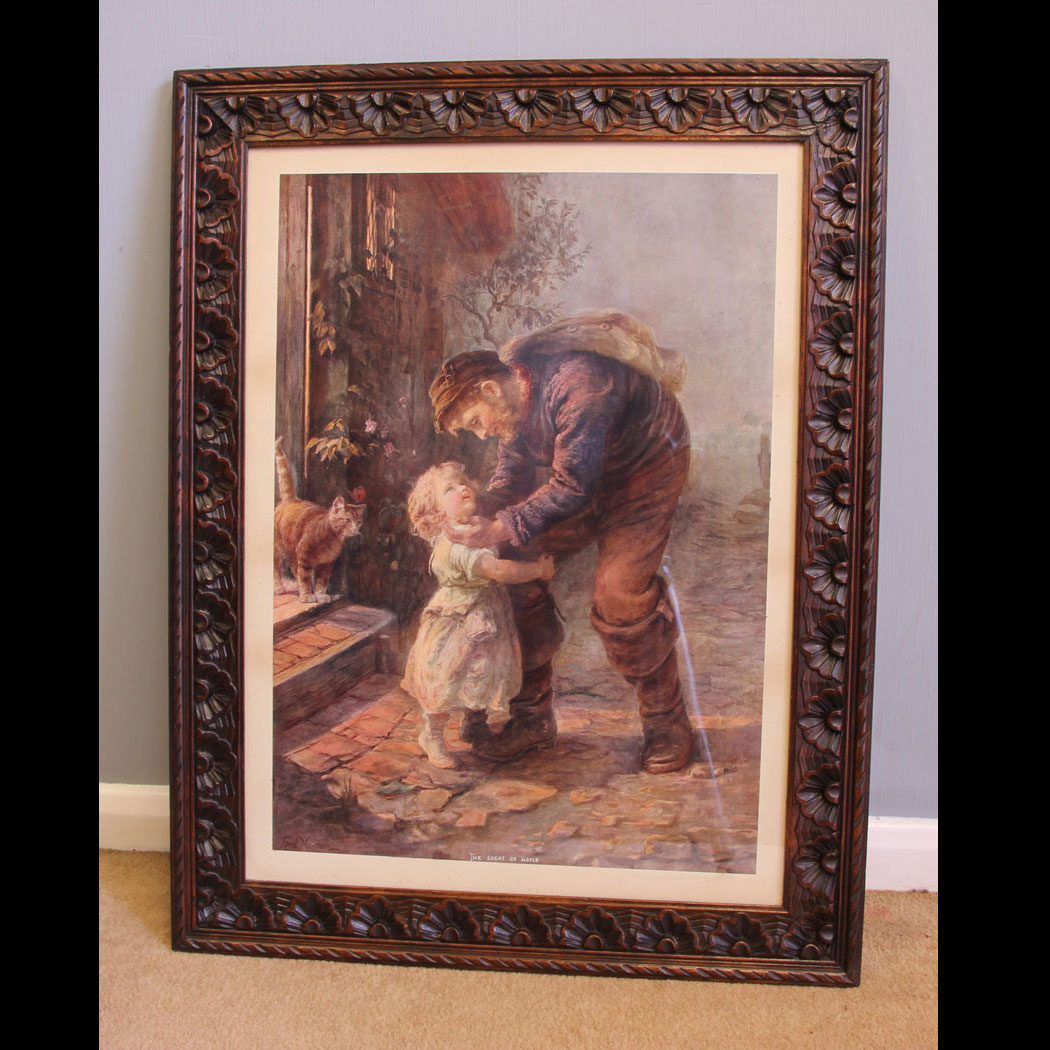 12035r01-Vintage-Coloured-Print-in-Decroative-Frame,- Vintage Coloured Print In Carved Frame.
