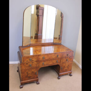 Antique Burr Walnut Triple Mirror Dressing Table.