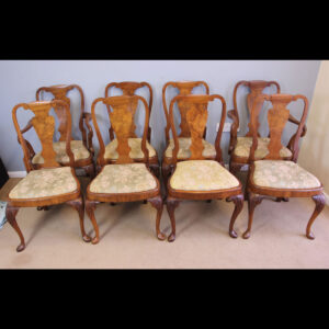 Set Eight Queen Anne Style Burr Walnut Dining Chairs.