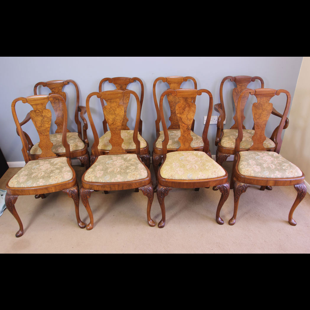 12055r01-Set-Eight-Queen-Anne-Style-Burr-Walnut-Dining-Chairs,- Set Eight Queen Anne Style Burr Walnut Dining Chairs.
