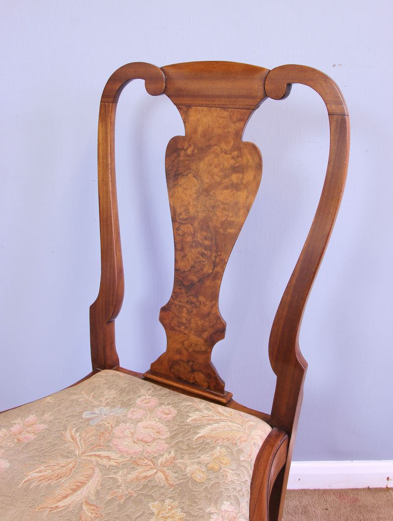 12055r11 Set Eight Queen Anne Style Burr Walnut Dining Chairs,