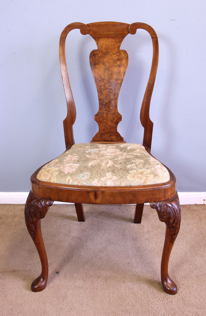12055r12 Set Eight Queen Anne Style Burr Walnut Dining Chairs,