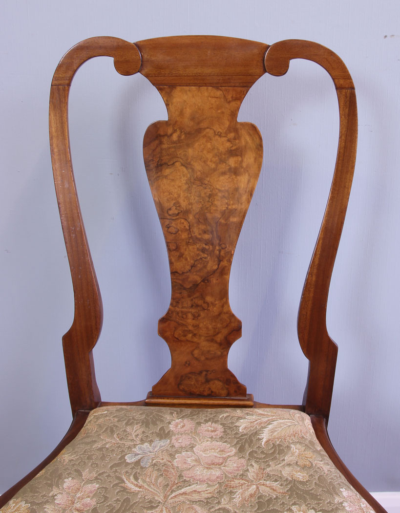 12055r13 Set Eight Queen Anne Style Burr Walnut Dining Chairs,