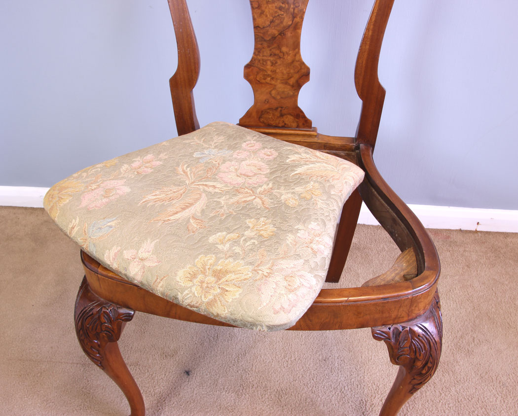 12055r15 Set Eight Queen Anne Style Burr Walnut Dining Chairs,
