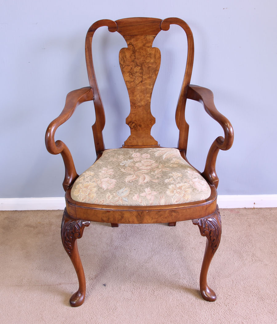 12055r16 Set Eight Queen Anne Style Burr Walnut Dining Chairs,