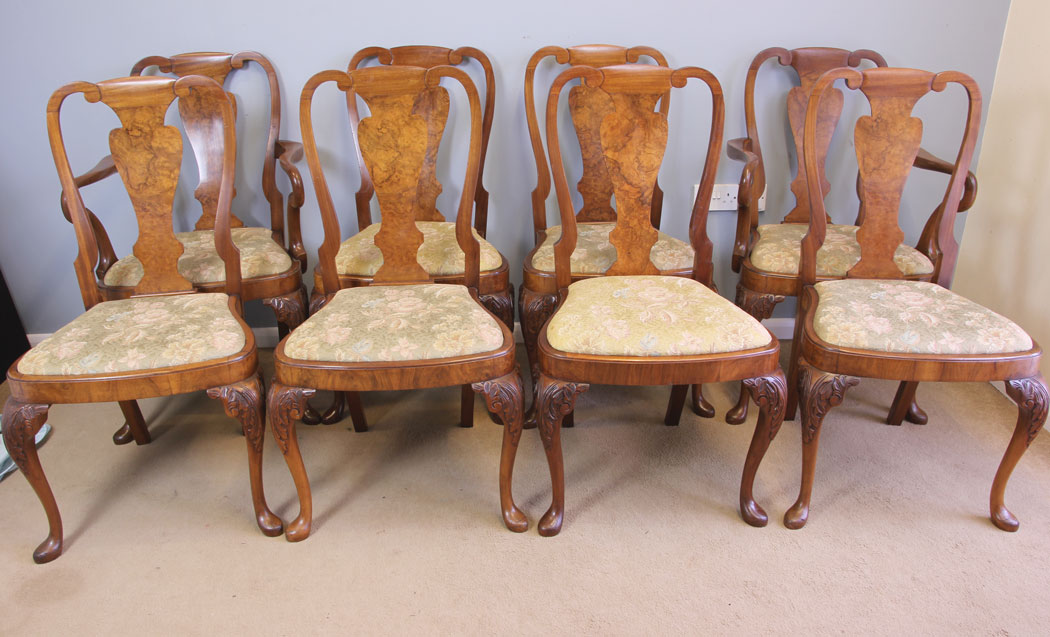 12055r17 Set Eight Queen Anne Style Burr Walnut Dining Chairs,