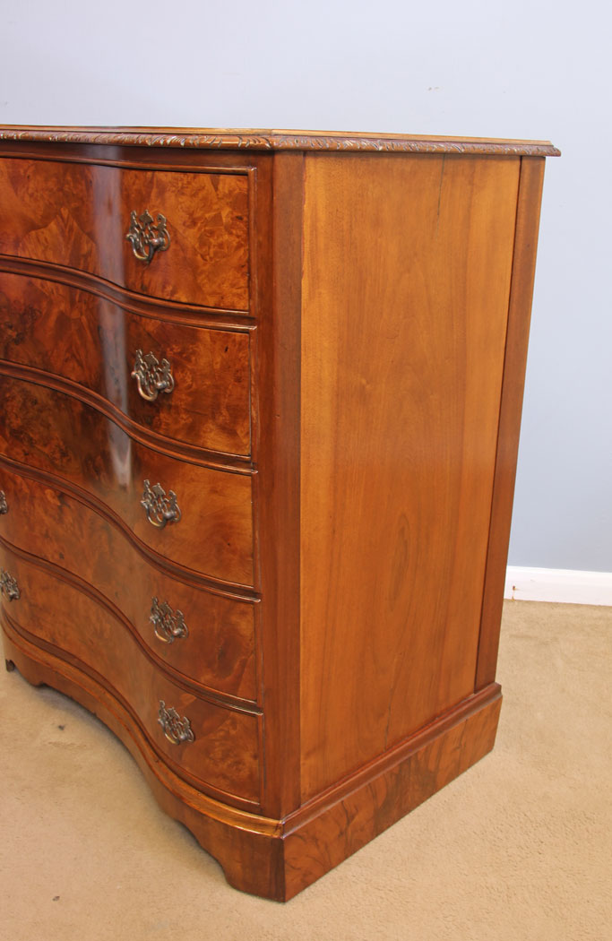 12073r10 Serpentine Figured Burr Walnut Antique Chest of Drawers,