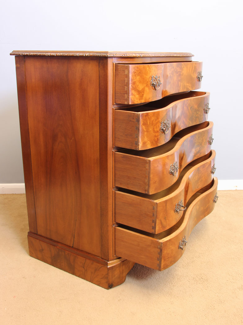 12073r12 Serpentine Figured Burr Walnut Antique Chest of Drawers,