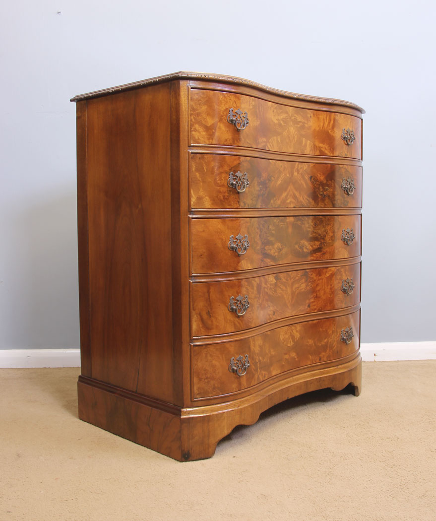 12073r2 Serpentine Figured Burr Walnut Antique Chest of Drawers,