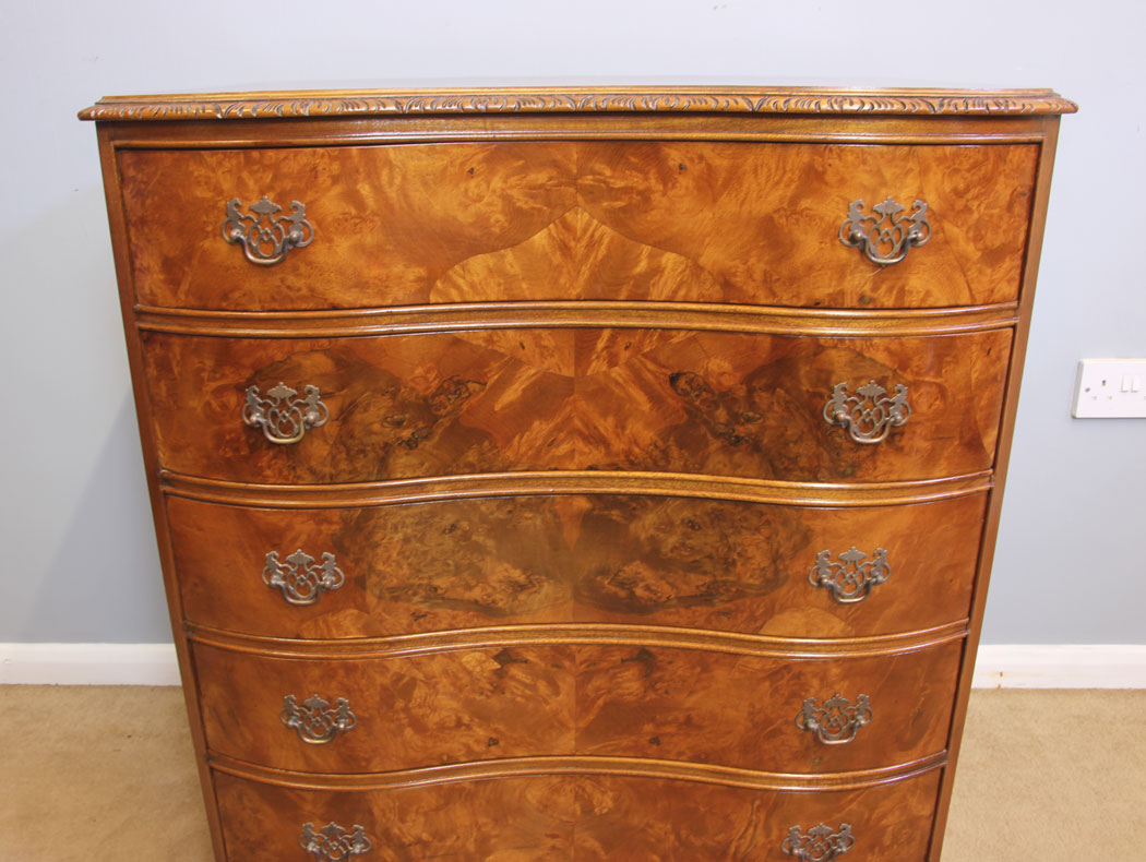12073r4 Serpentine Figured Burr Walnut Antique Chest of Drawers,