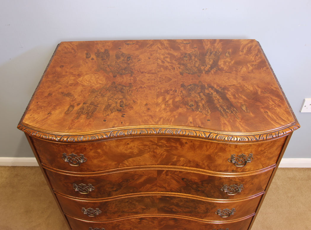 12073r5 Serpentine Figured Burr Walnut Antique Chest of Drawers,