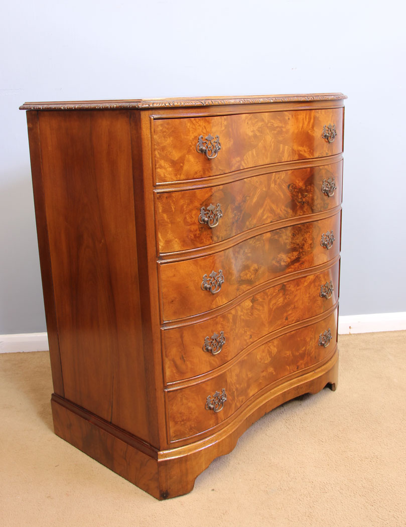 12073r7 Serpentine Figured Burr Walnut Antique Chest of Drawers,