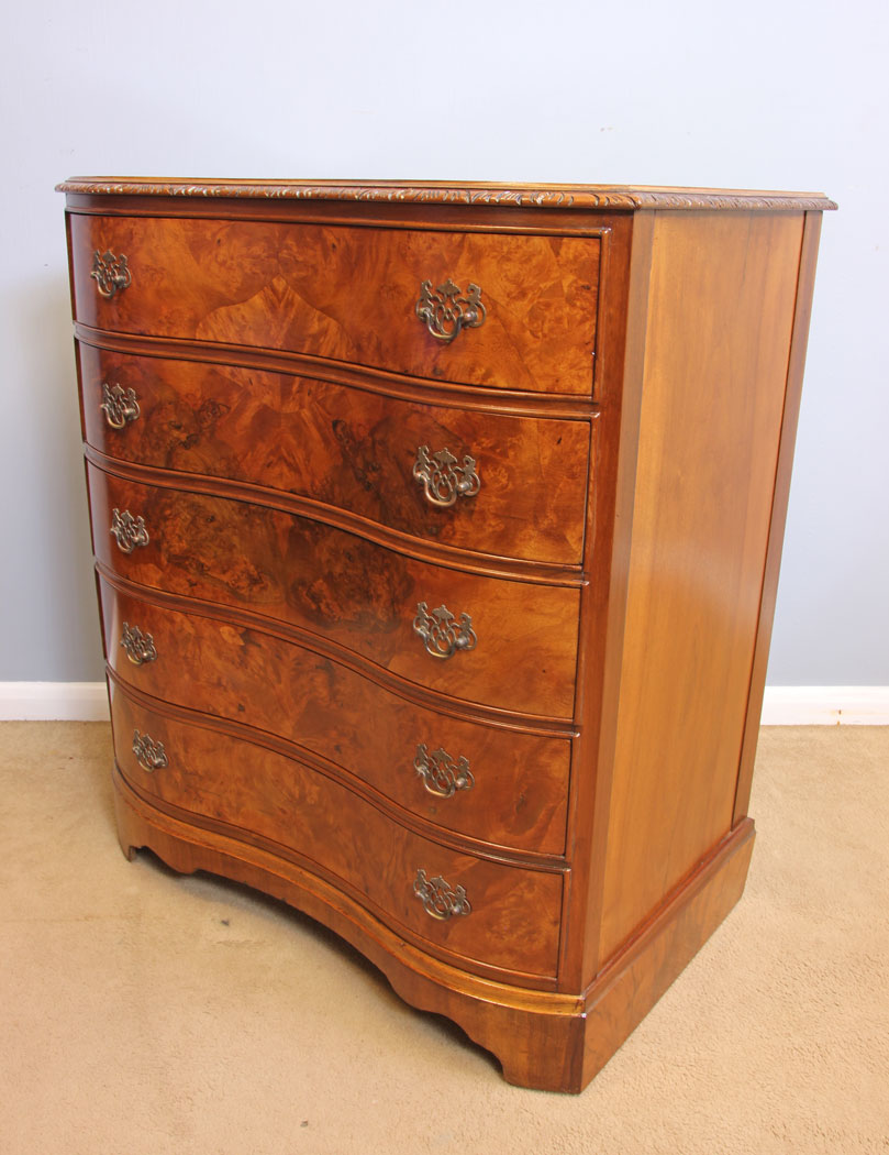 12073r9 Serpentine Figured Burr Walnut Antique Chest of Drawers,