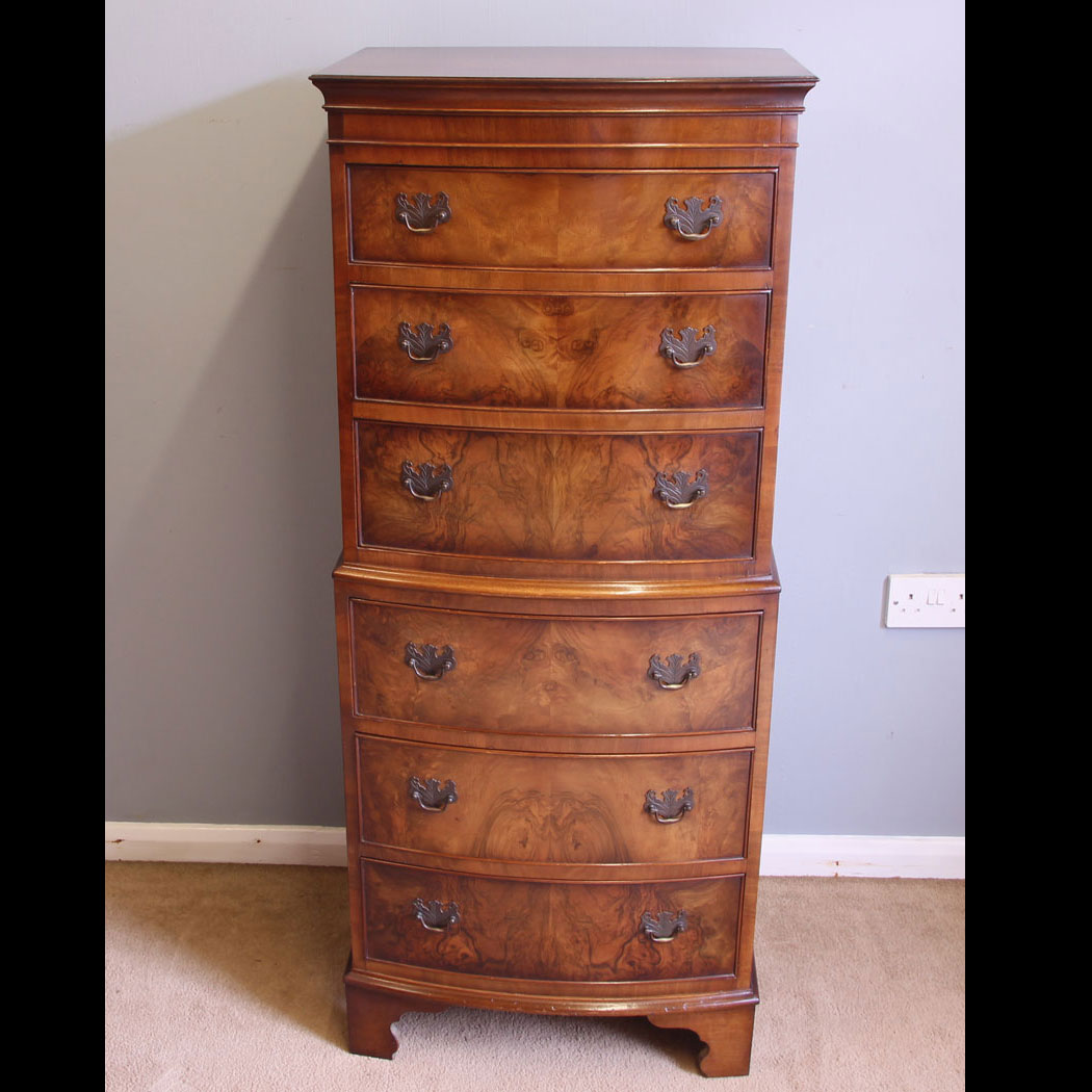 12084r01-Georgian-Style-Burr-Walnut-Bow-Front-Chest-on-Chest-of-Drawers,--- Georgian Style Burr Walnut Bow Front Chest on Chest of Drawers