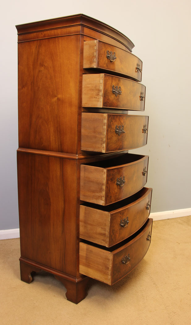 12084r12 Georgian Style Burr Walnut Bow Front Chest on Chest of Drawers,