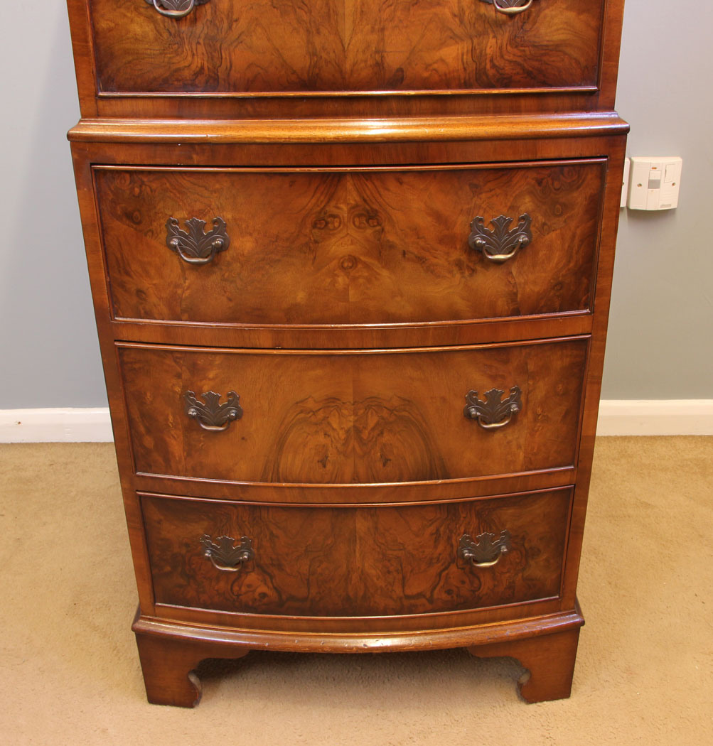 12084r6 Georgian Style Burr Walnut Bow Front Chest on Chest of Drawers,