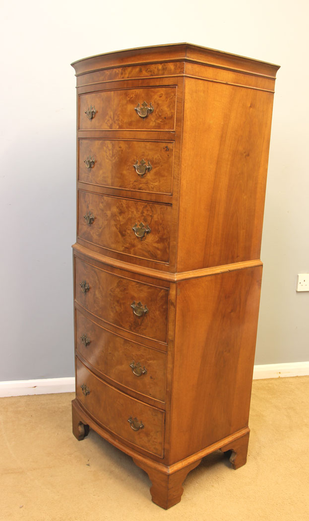 12085r2 Burr Walnut Bow Front Chest on Chest ,