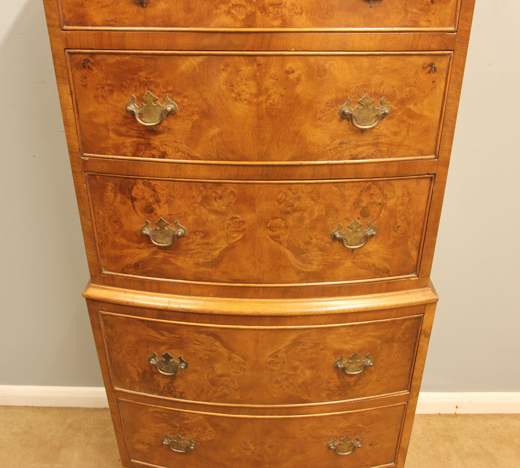 12085r6 Burr Walnut Bow Front Chest on Chest ,