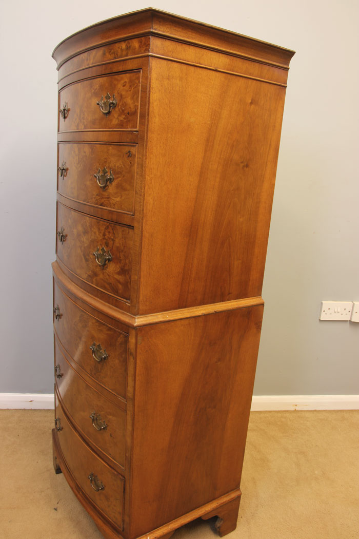 12085r9 Burr Walnut Bow Front Chest on Chest ,