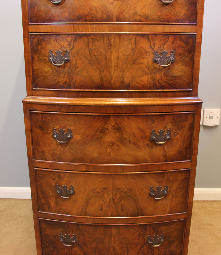 Georgian Style Burr Walnut Bow Front Chest on Chest of Drawers,
