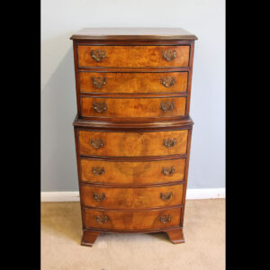 Antique Small Burr Walnut Bow Front Chest on Chest of Drawers