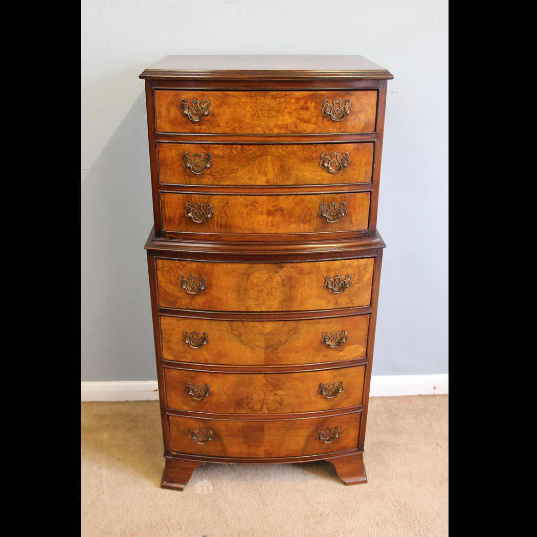 12098r01-Antique-Small-Burr-Walnut-Bow-Front-Chest-on-Chest-of-Drawers,- Antique Small Burr Walnut Bow Front Chest on Chest of Drawers