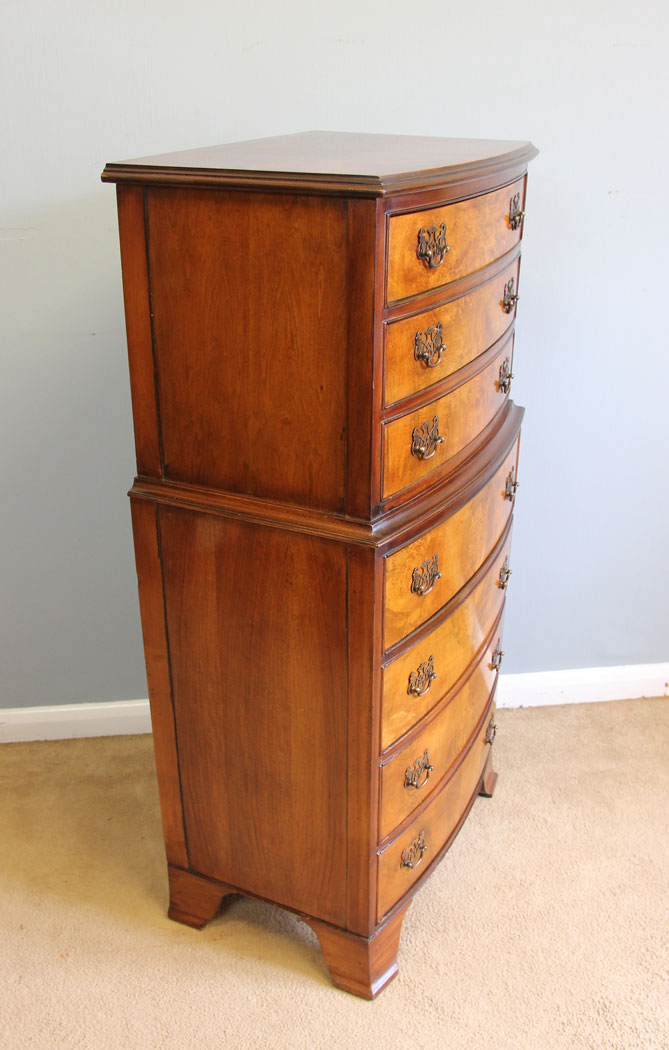 12098r2 Antique Small Burr Walnut Bow Front Chest on Chest of Drawers, .