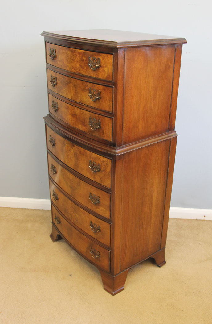 12098r3 Antique Small Burr Walnut Bow Front Chest on Chest of Drawers, .