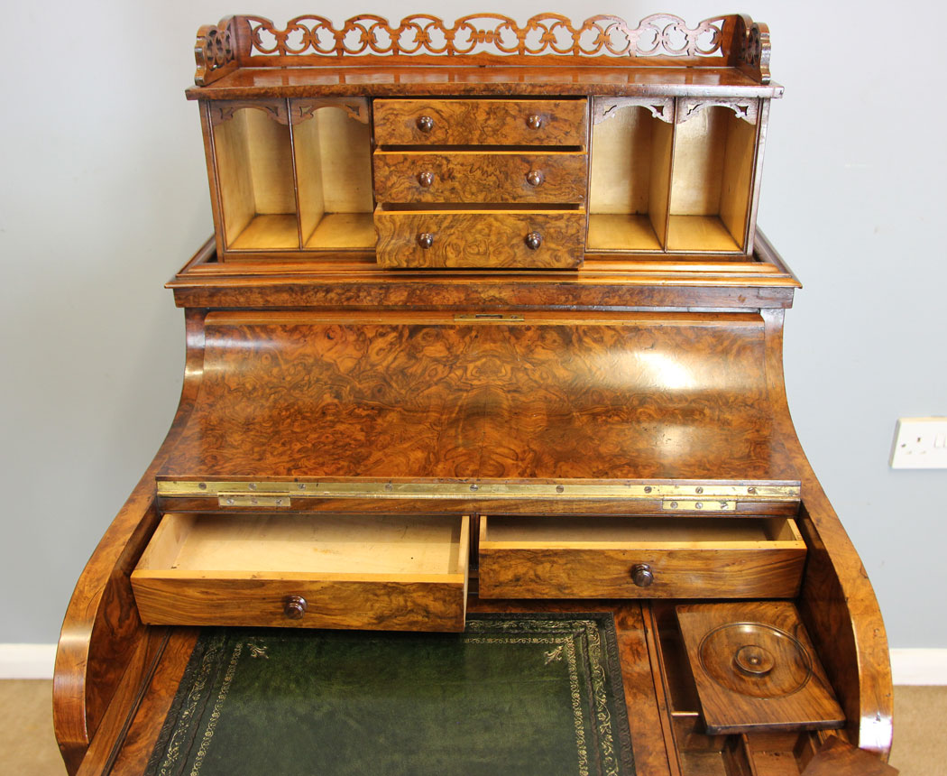 12132r3 Quality Antique Burr Walnut Pop Up Piano Top Davenport Writing Desk,