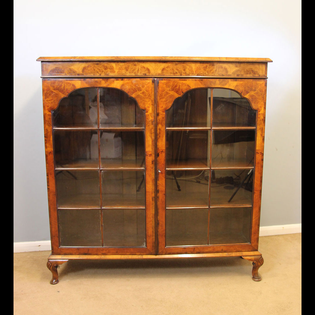 12141r01-Antique-Burr-Walnut-Cabinet-Bookcase,- Antique Burr Walnut Glazed Bookcase.