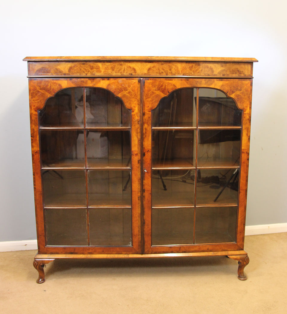12141r1 Antique Burr Walnut Cabinet Bookcase,