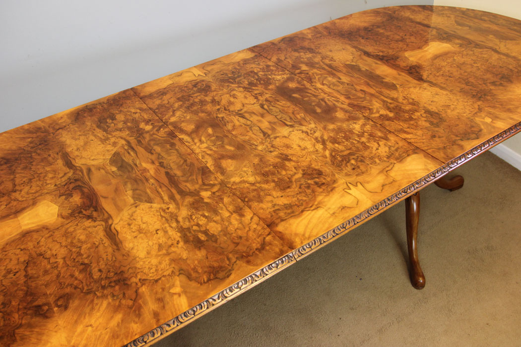 12143r10 Antique Burr Walnut Twin Pillar Extending Dining Table,