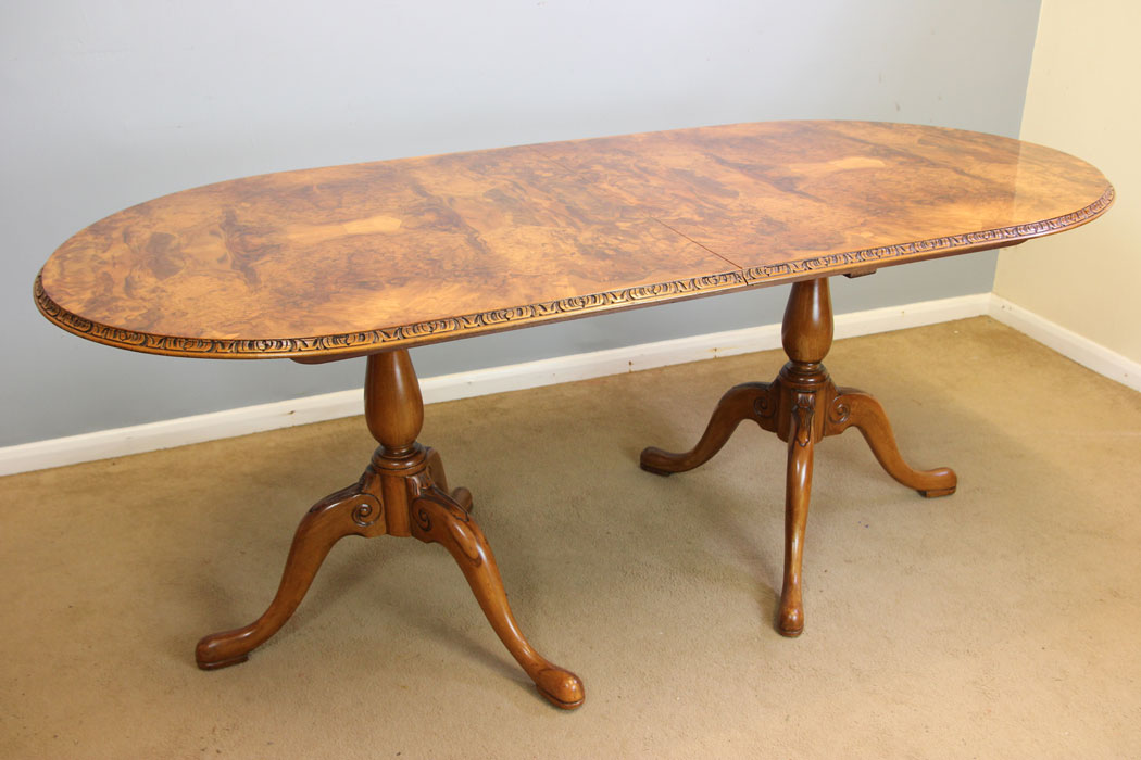 12143r3 Antique Burr Walnut Twin Pillar Extending Dining Table,