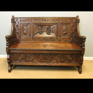 Antique Victorian Carved Oak Monks Bench Settle