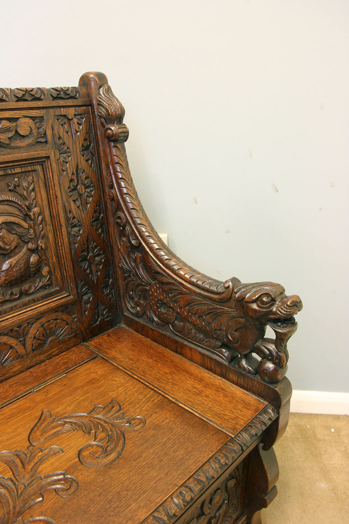 12162r14 Antique Victorian Carved Oak Settle Monks Bench,