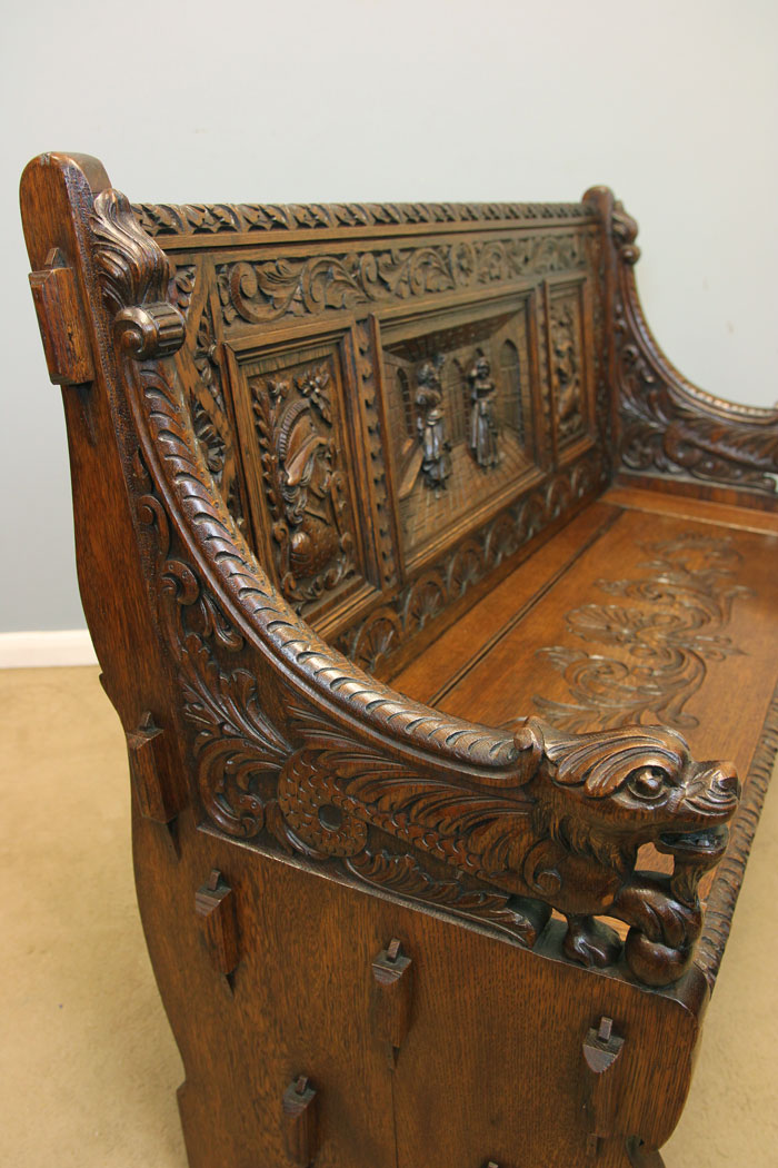 12162r15 Antique Victorian Carved Oak Settle Monks Bench,