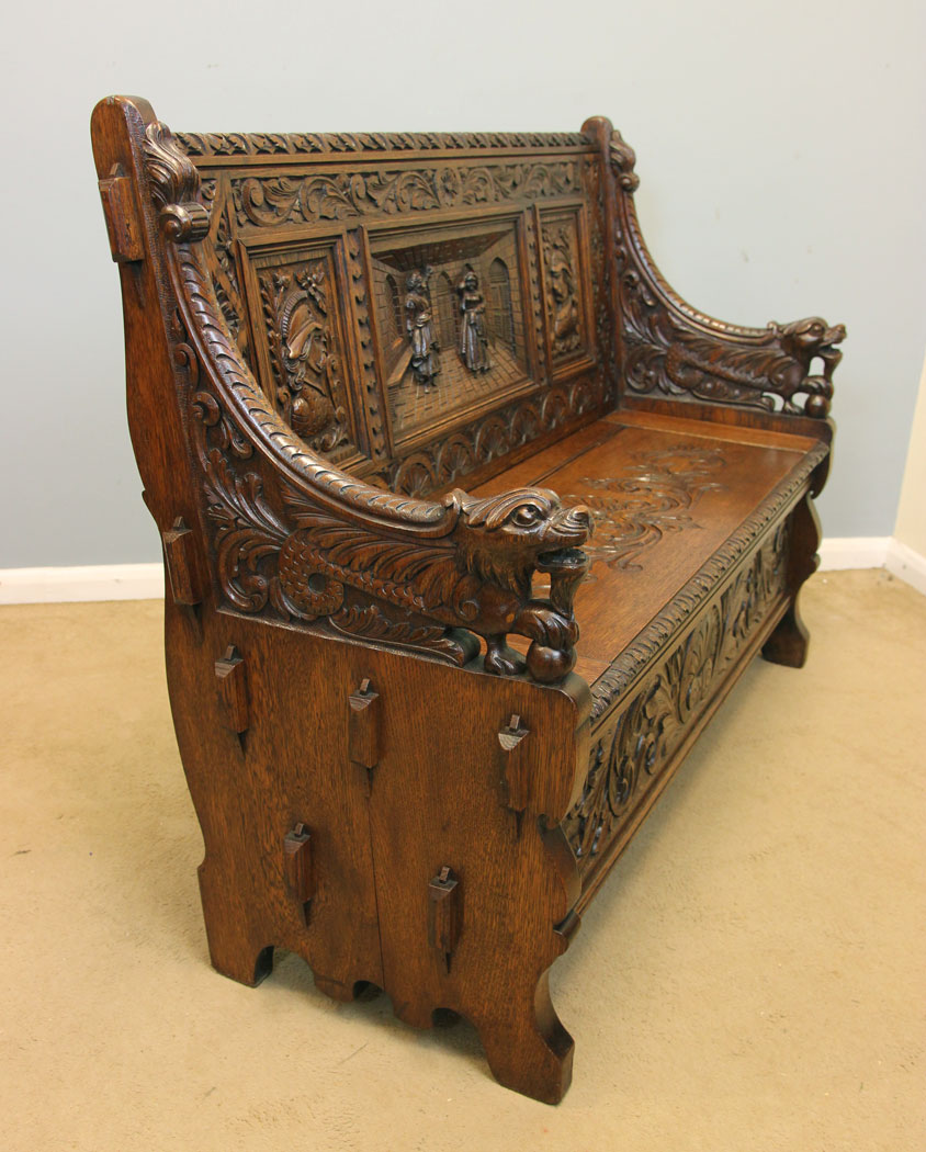 12162r17 Antique Victorian Carved Oak Settle Monks Bench,