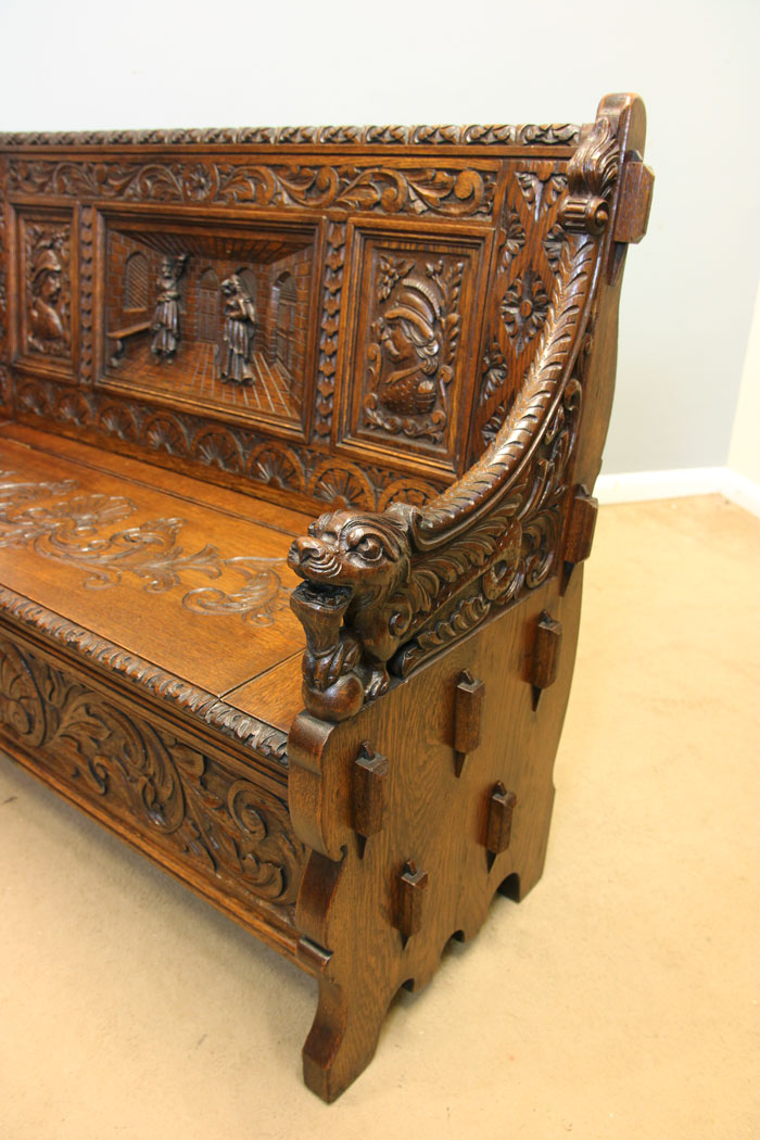 12162r2 Antique Victorian Carved Oak Settle Monks Bench,