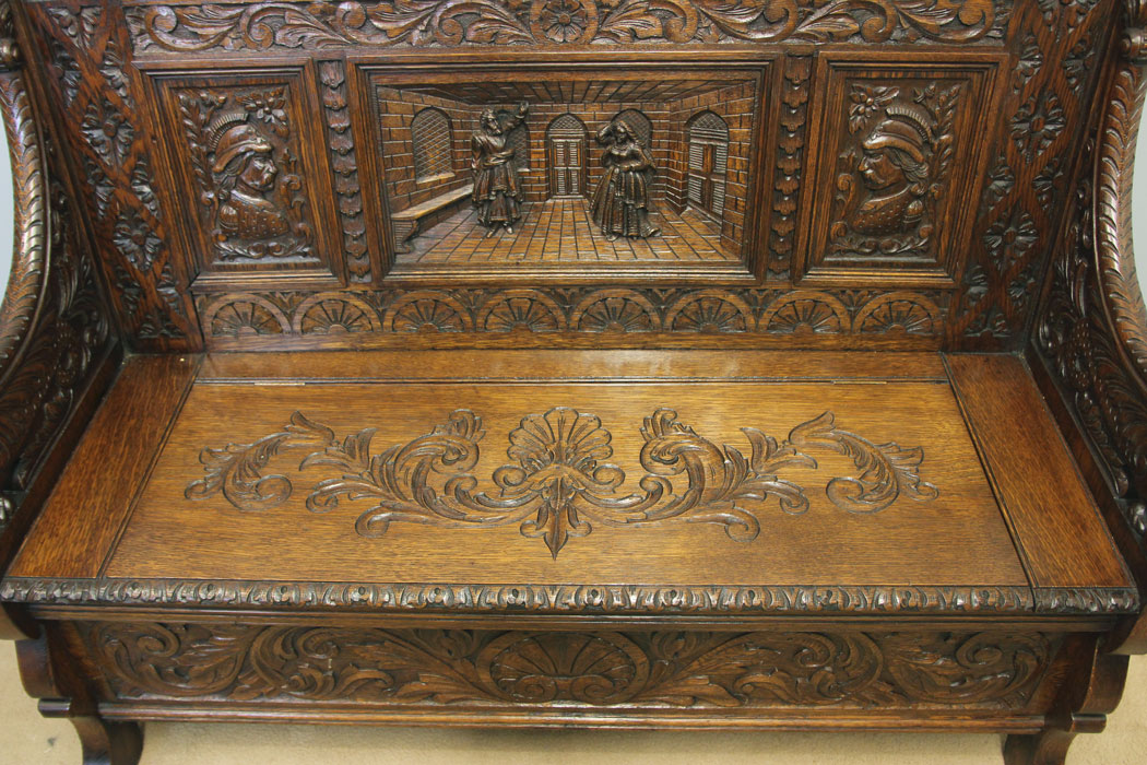 12162r4 Antique Victorian Carved Oak Settle Monks Bench,