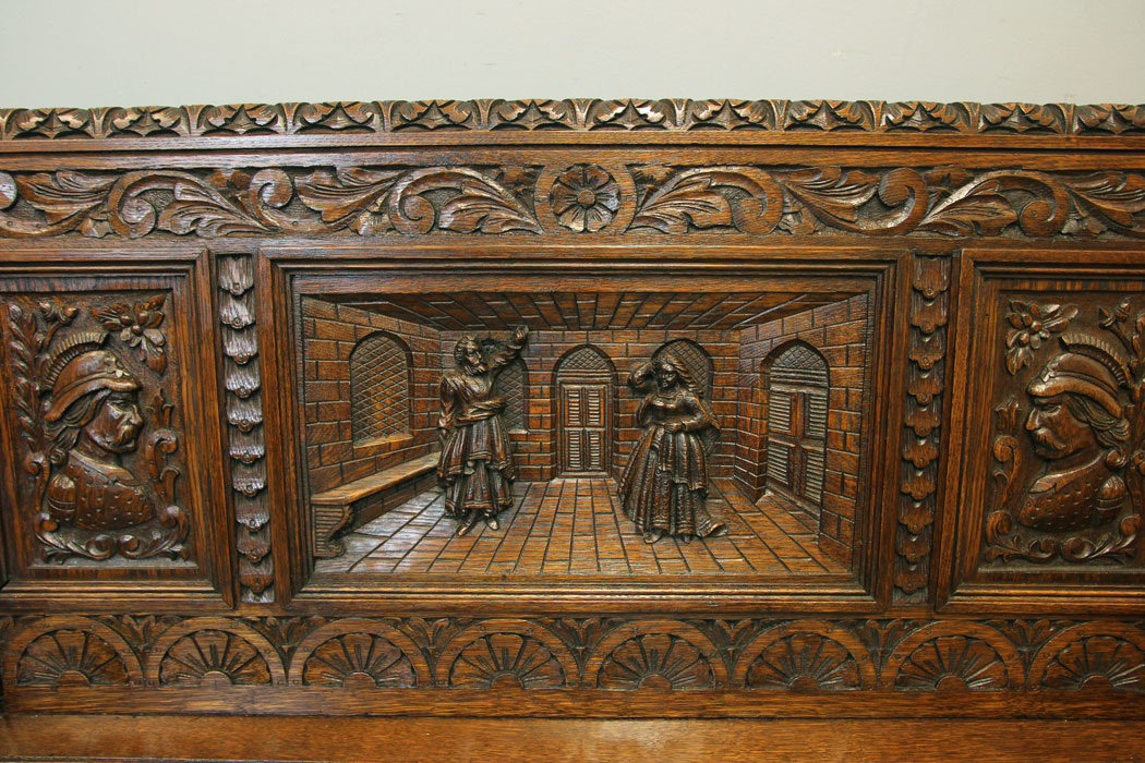 12162r9 Antique Victorian Carved Oak Settle Monks Bench,